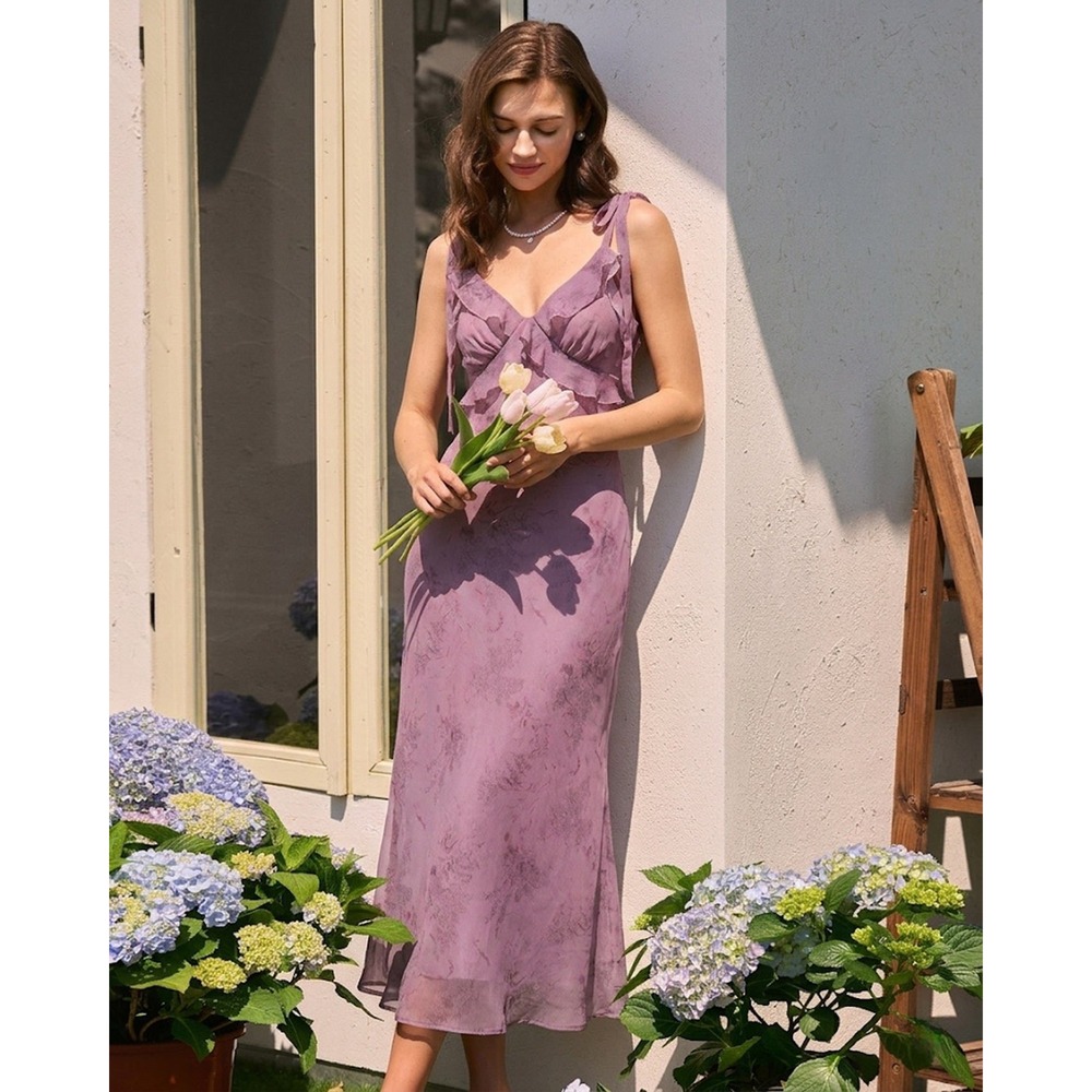 Rihoas Purple Floral Ruffle Tie Strap Midi Dress NWT size S
